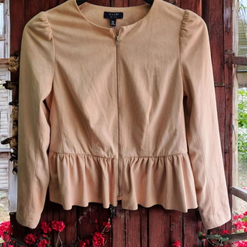 Kaari Blue Peplum Jacket Womens XS Pink Blush Faux Suede Zip Cuffs Full Zip